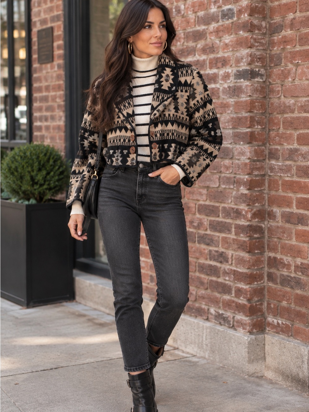 NEW Vintage Black & Tan Patterned Shawl Collar Cropped Jacket-M